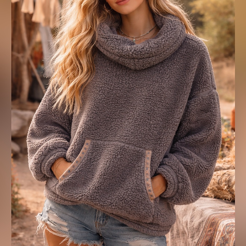 Sundance Plush Cowl Sherpa Pullover in Charcoal